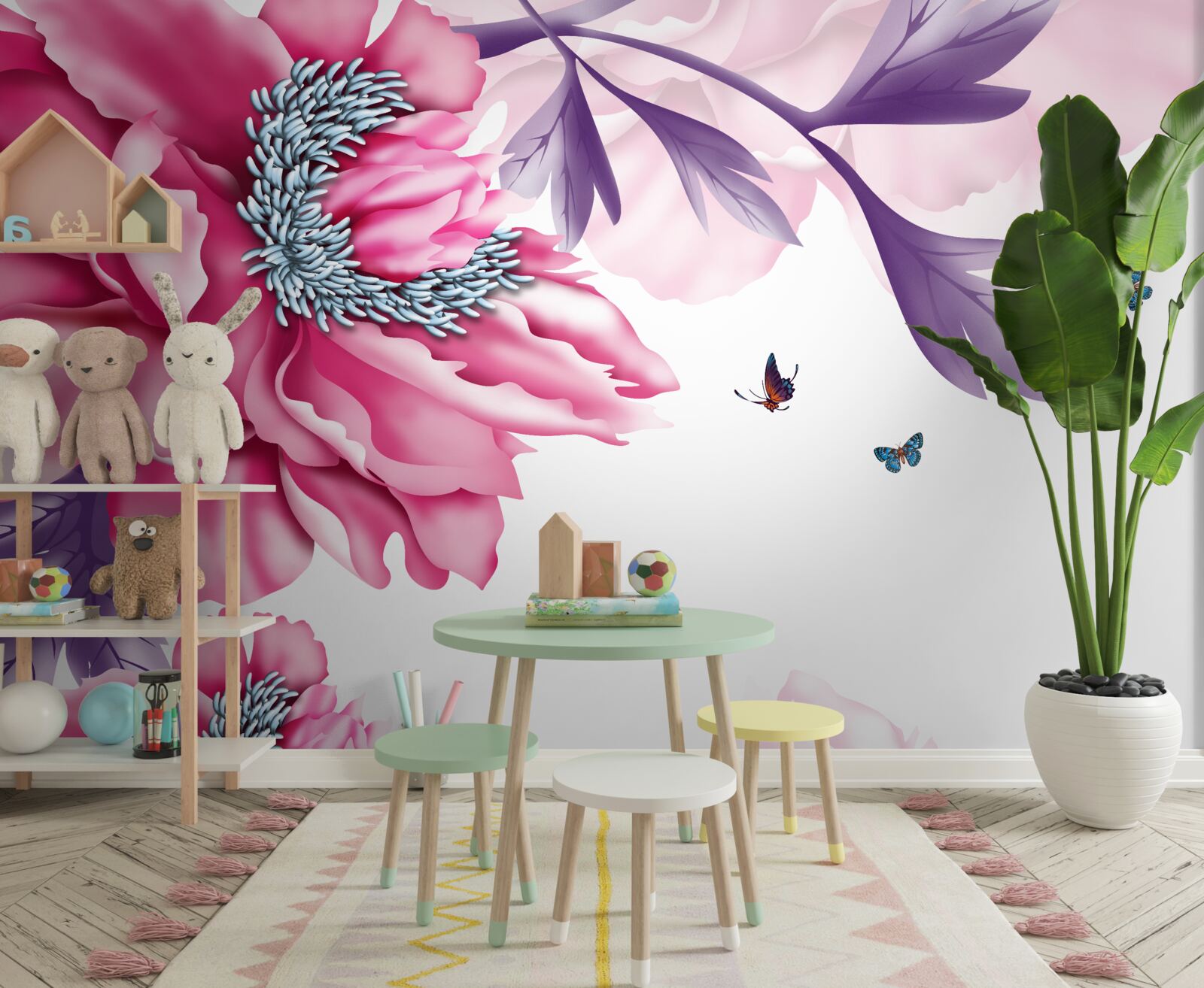 Fototapeta motýle a ružové kvety na pozadí