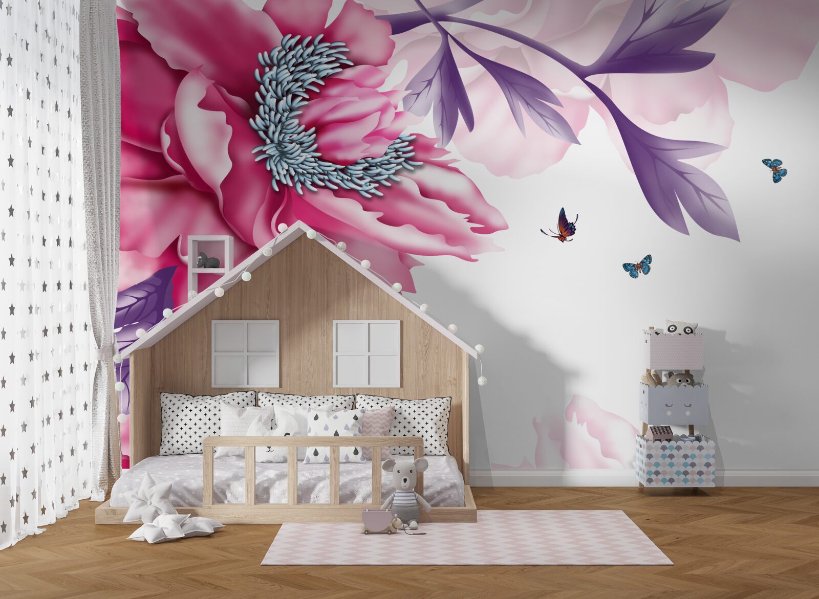 Fototapeta motýle a ružové kvety na pozadí