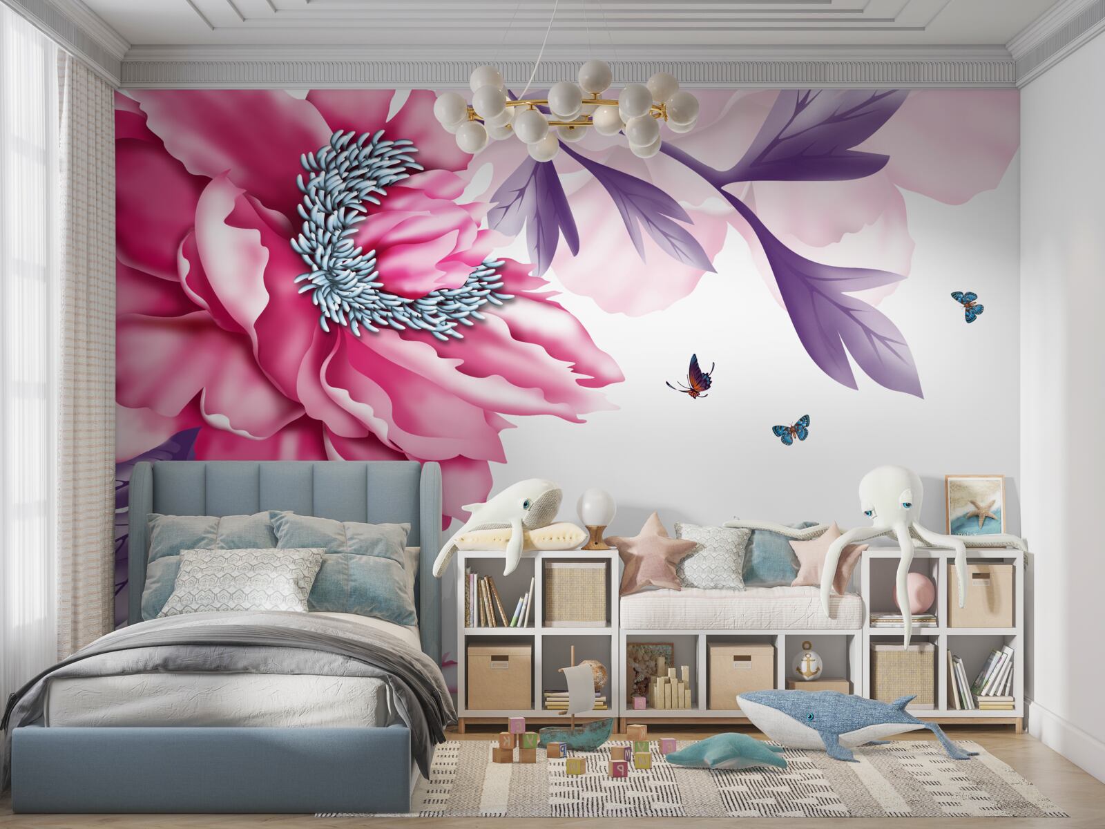 Fototapeta motýle a ružové kvety na pozadí