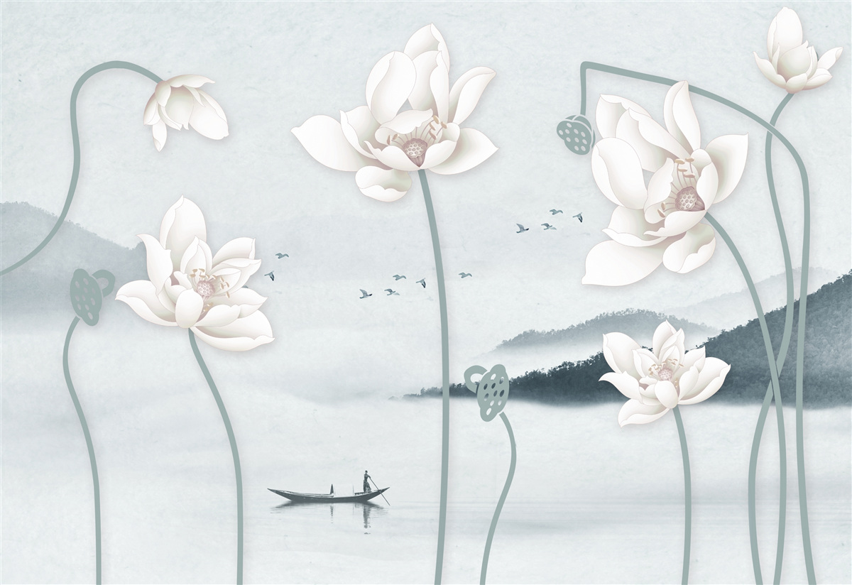 Fototapeta Loď s rybárom a snehovo bielymi kvetmi