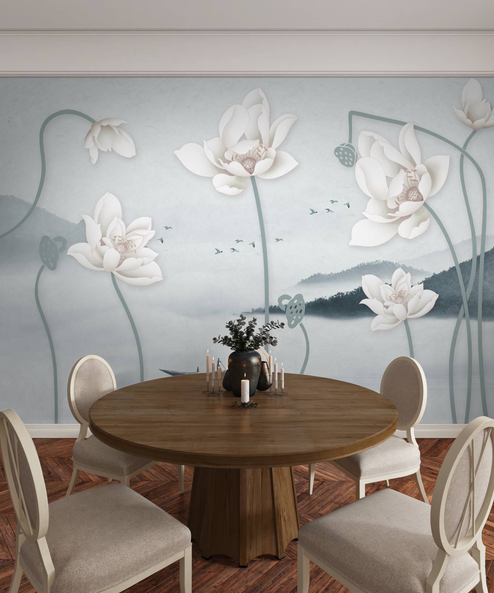 Fototapeta Loď s rybárom a snehovo bielymi kvetmi