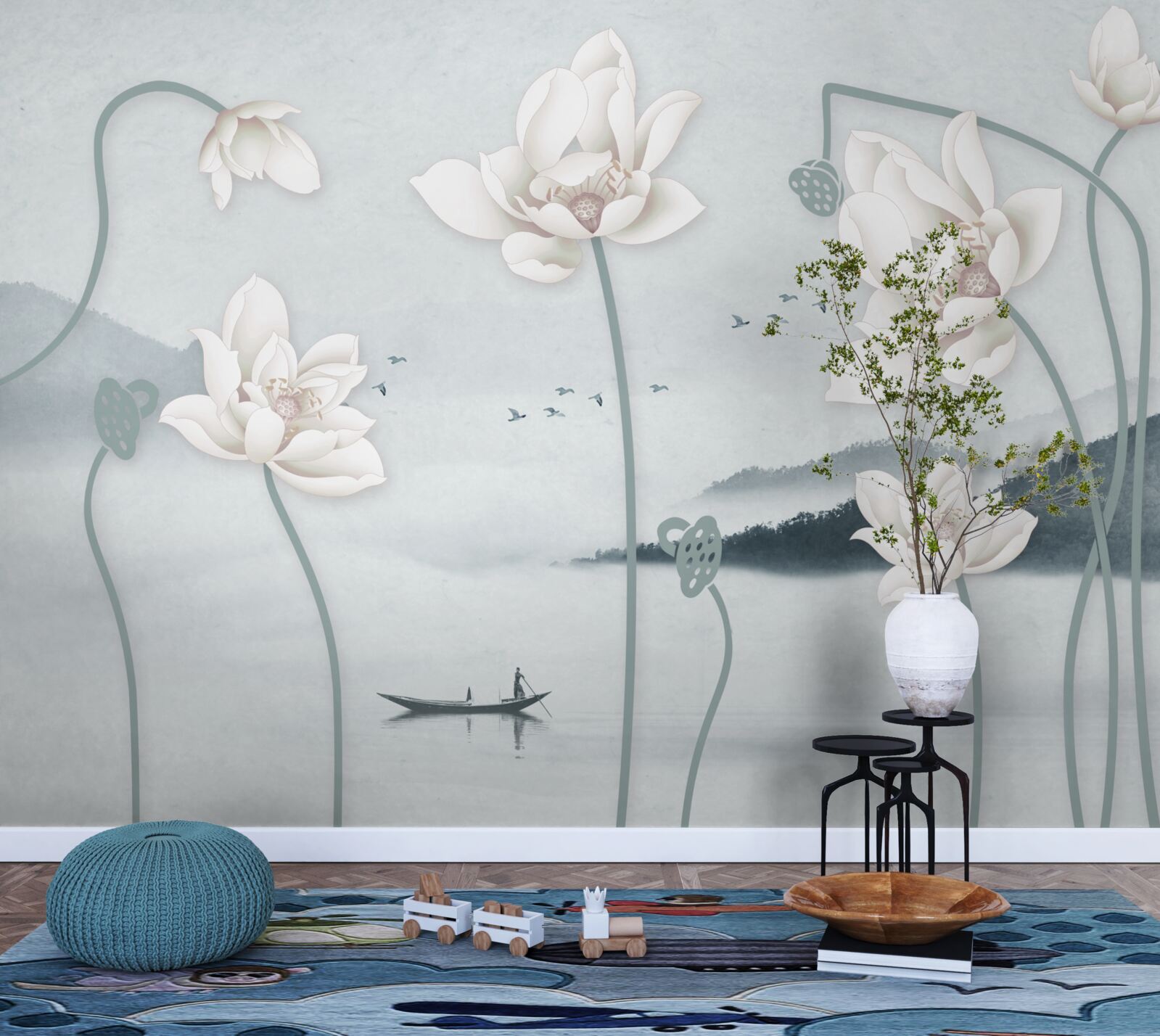 Fototapeta Loď s rybárom a snehovo bielymi kvetmi