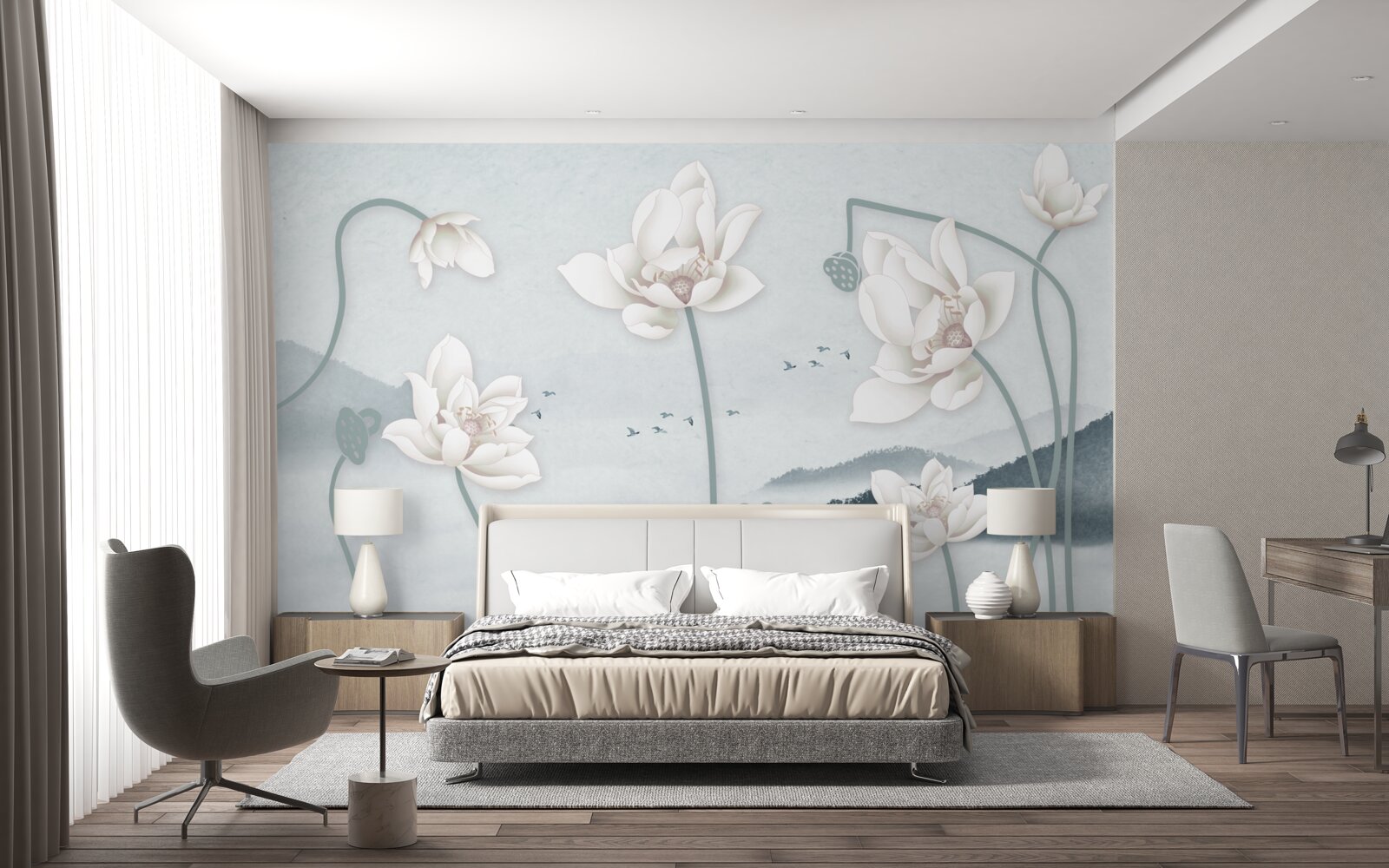 Fototapeta Loď s rybárom a snehovo bielymi kvetmi