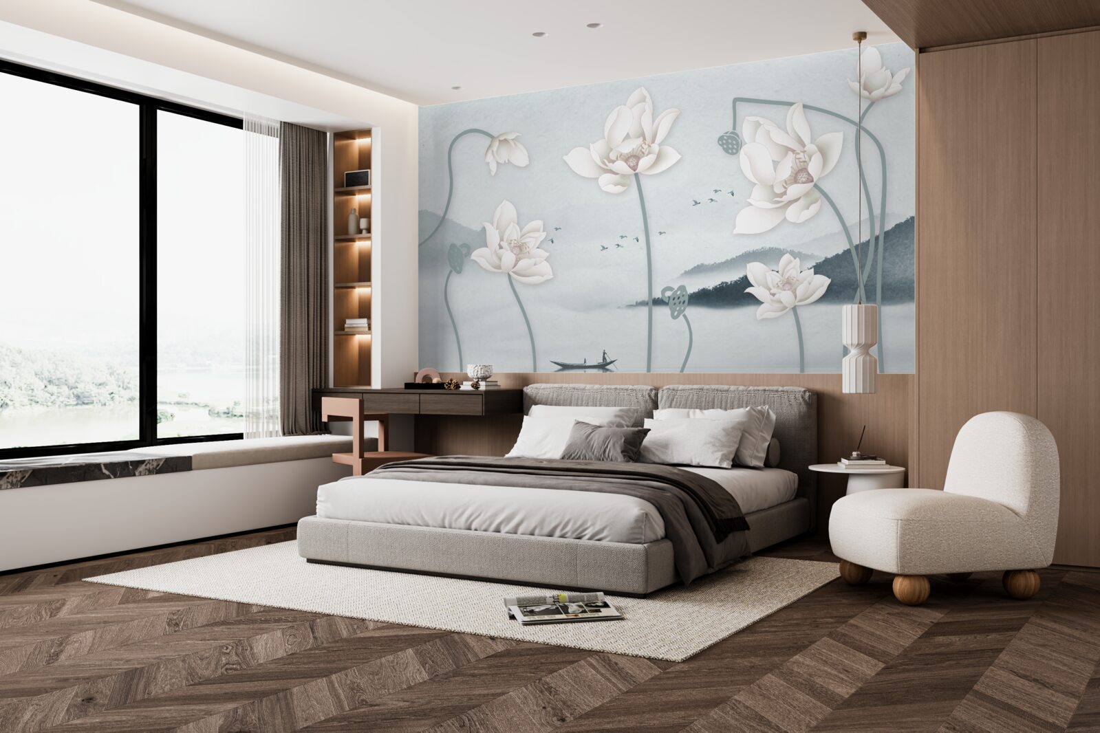 Fototapeta Loď s rybárom a snehovo bielymi kvetmi