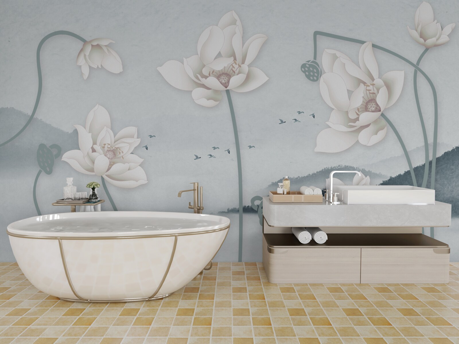 Fototapeta Loď s rybárom a snehovo bielymi kvetmi