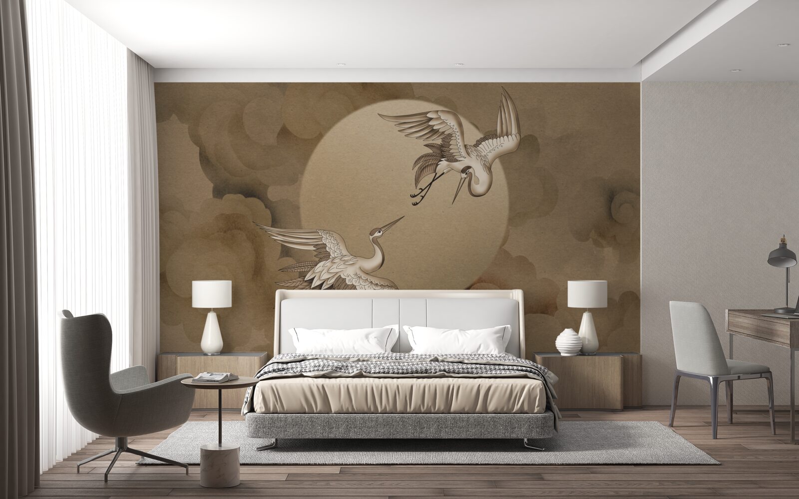 Fototapeta žeriavový tanec pod oblakmi