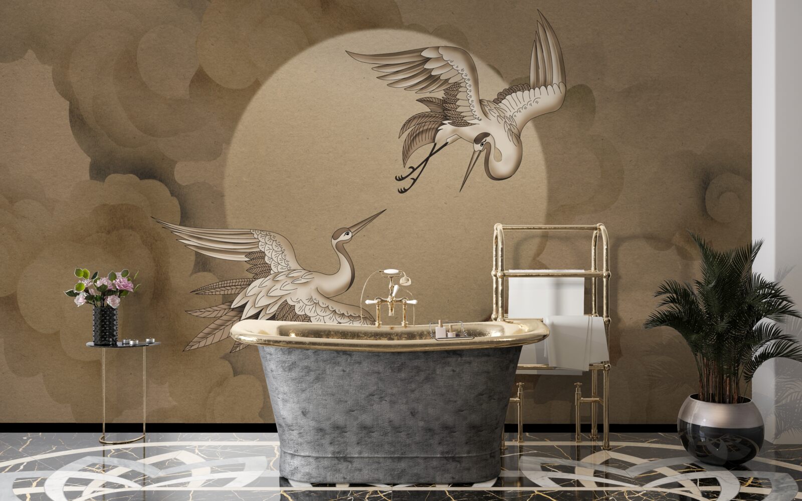 Fototapeta žeriavový tanec pod oblakmi