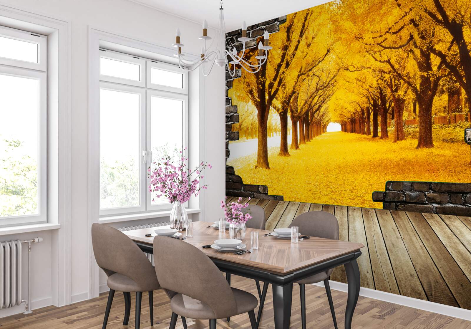 Fototapeta aleja bola pokrytá žltým lístím