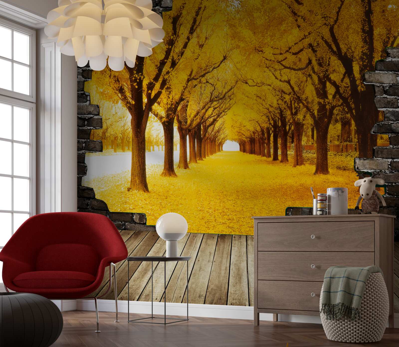 Fototapeta aleja bola pokrytá žltým lístím