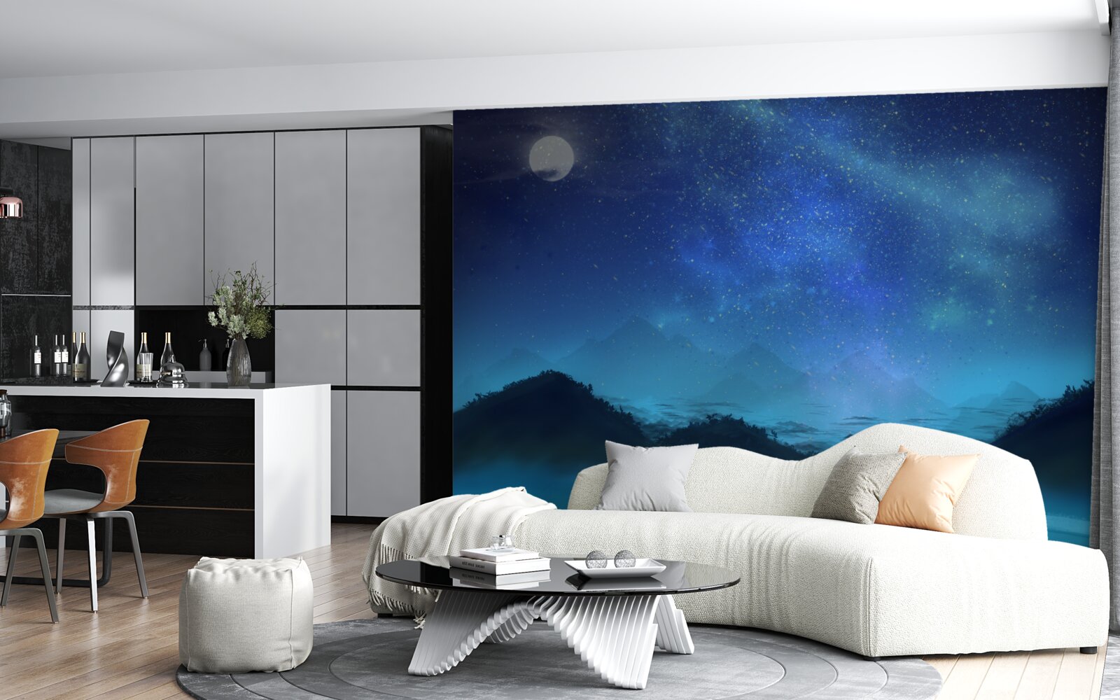 Fototapeta severná žiara a hviezdna obloha nad vrcholkami hôr