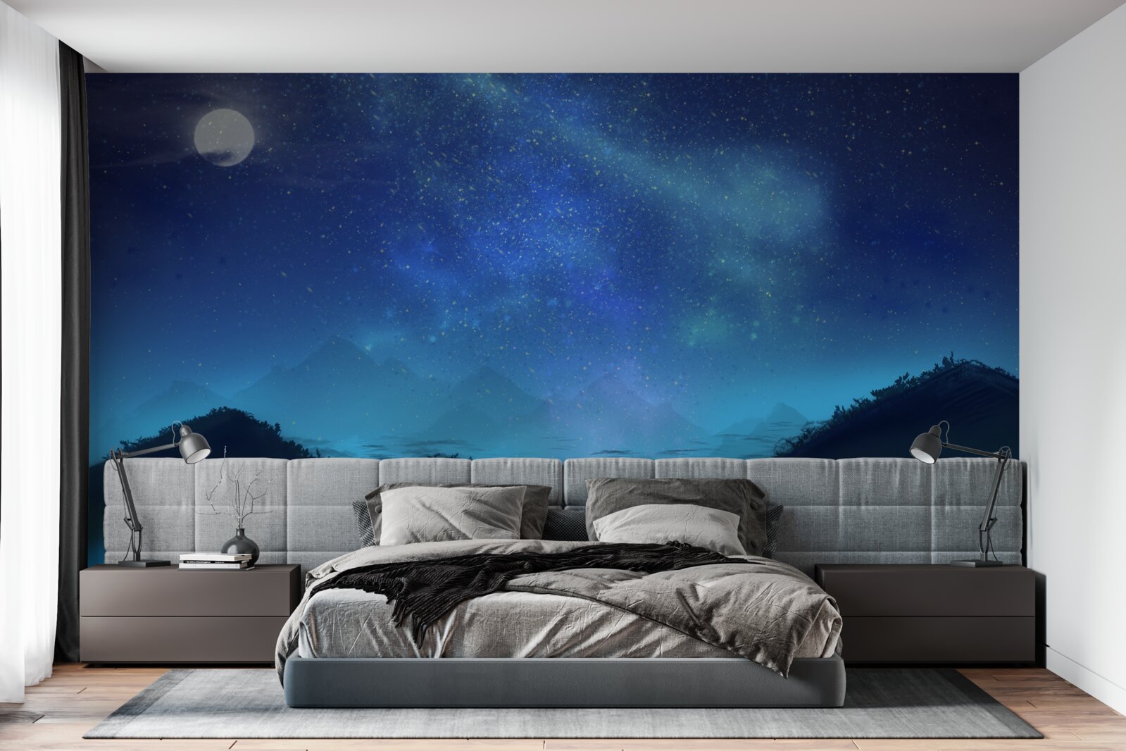 Fototapeta severná žiara a hviezdna obloha nad vrcholkami hôr