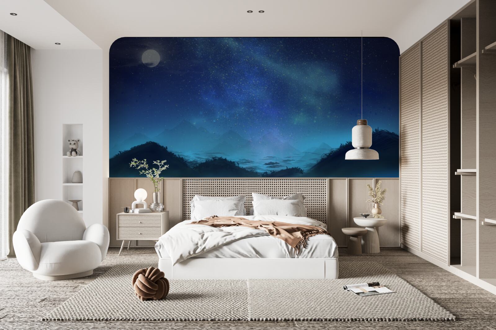 Fototapeta severná žiara a hviezdna obloha nad vrcholkami hôr