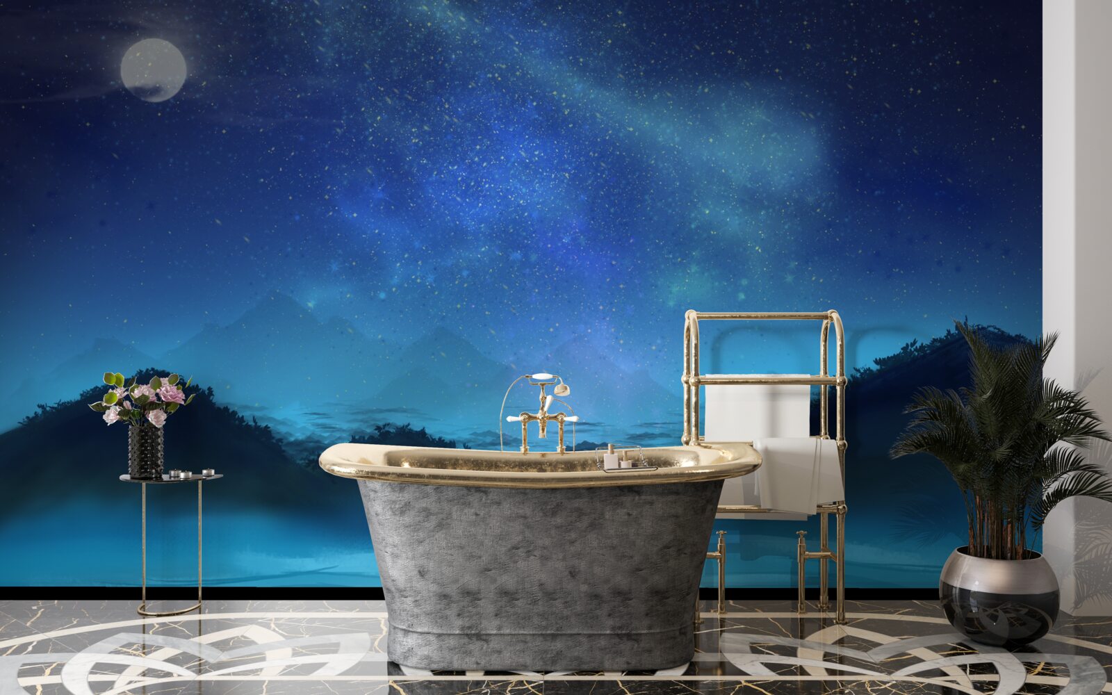 Fototapeta severná žiara a hviezdna obloha nad vrcholkami hôr