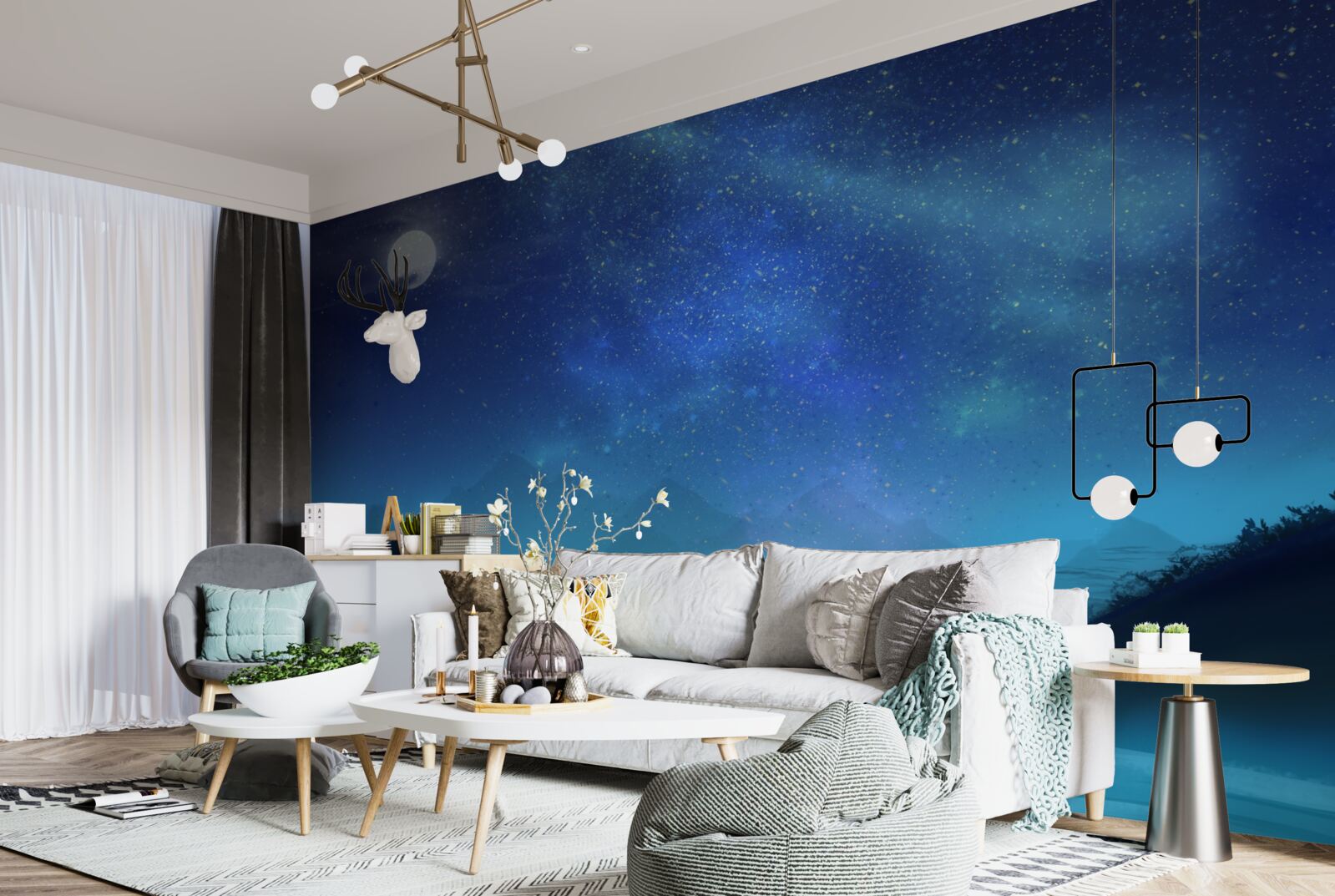 Fototapeta severná žiara a hviezdna obloha nad vrcholkami hôr