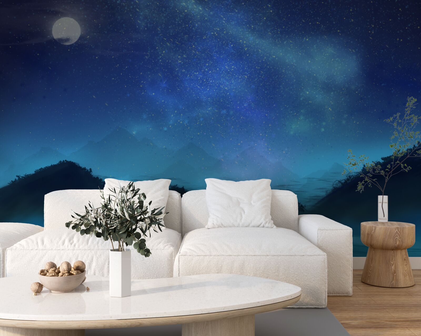 Fototapeta severná žiara a hviezdna obloha nad vrcholkami hôr