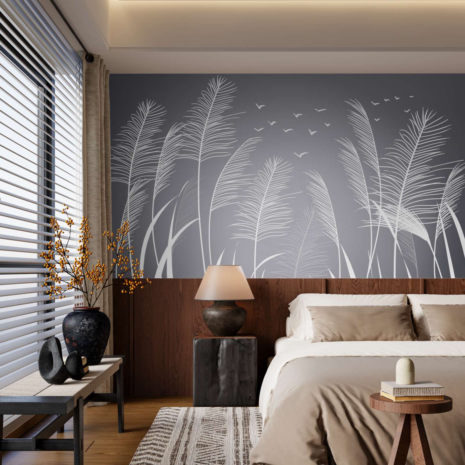 Fototapeta vietor hýbe rastlinami, pripomínajúcimi tvar peria