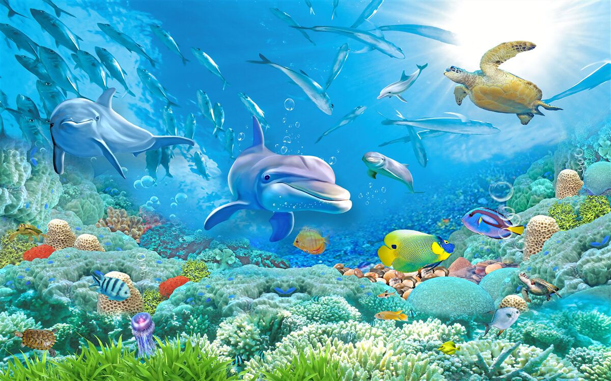 Fototapeta morské kráľovstvo s rybami, korytnačkami a delfínmi