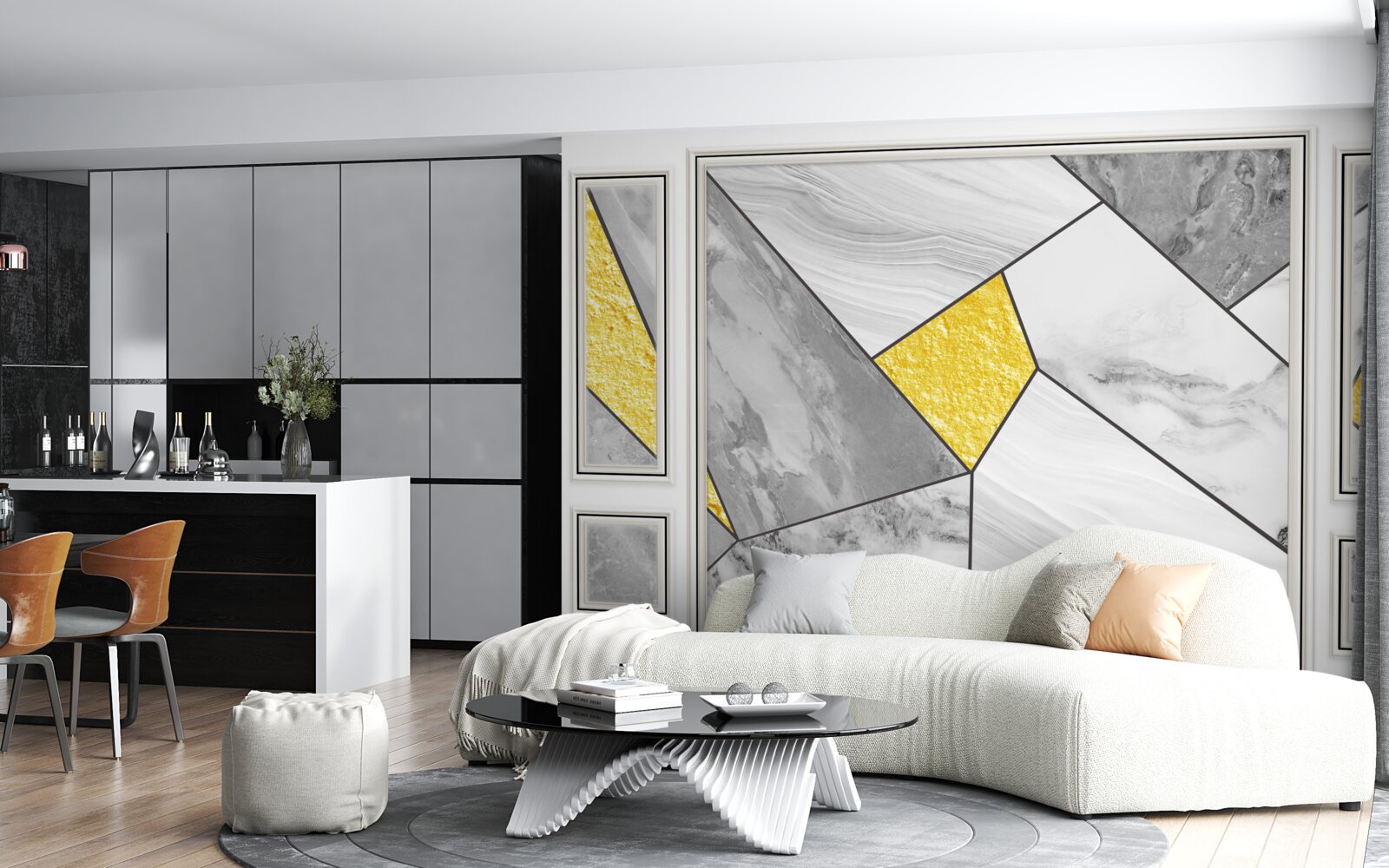 Fototapeta sivá mozaika so zlatými prvkami