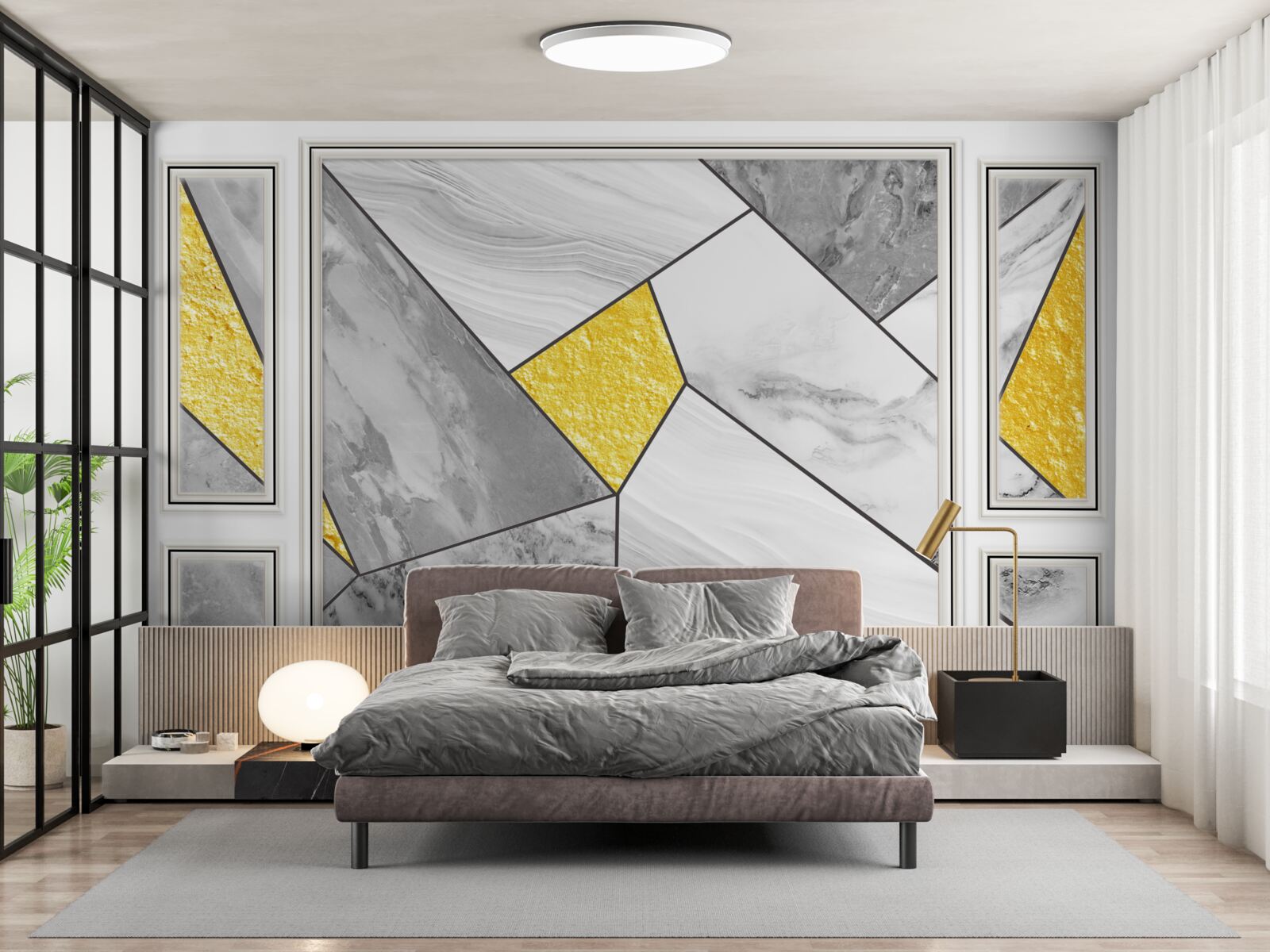 Fototapeta sivá mozaika so zlatými prvkami