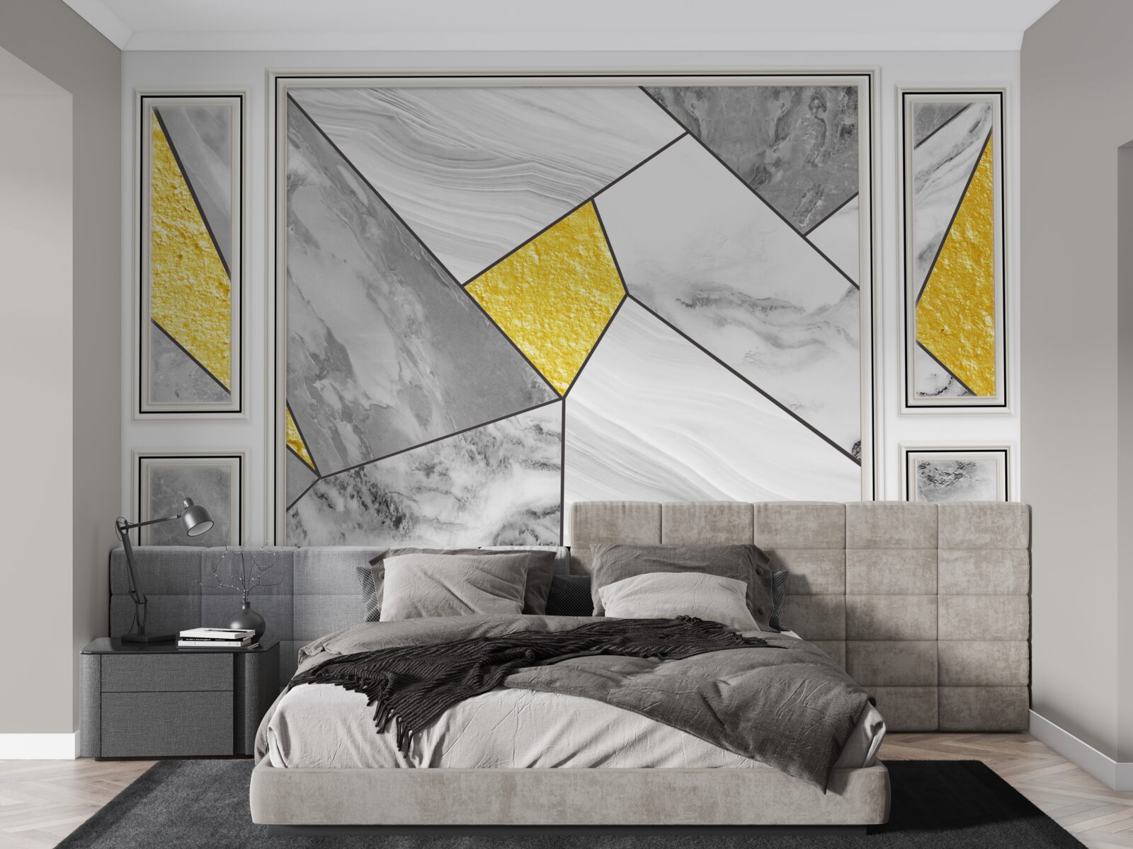 Fototapeta sivá mozaika so zlatými prvkami