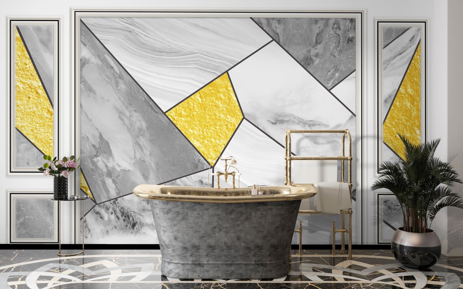 Fototapeta sivá mozaika so zlatými prvkami