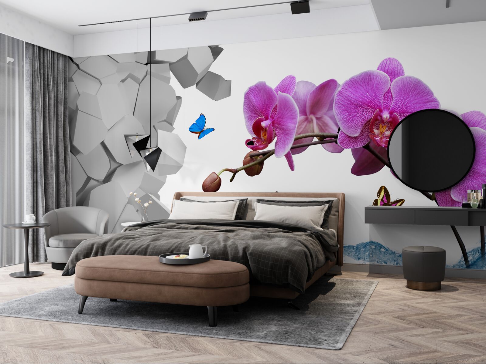 Fototapeta fialová orchidea a motýle na konári