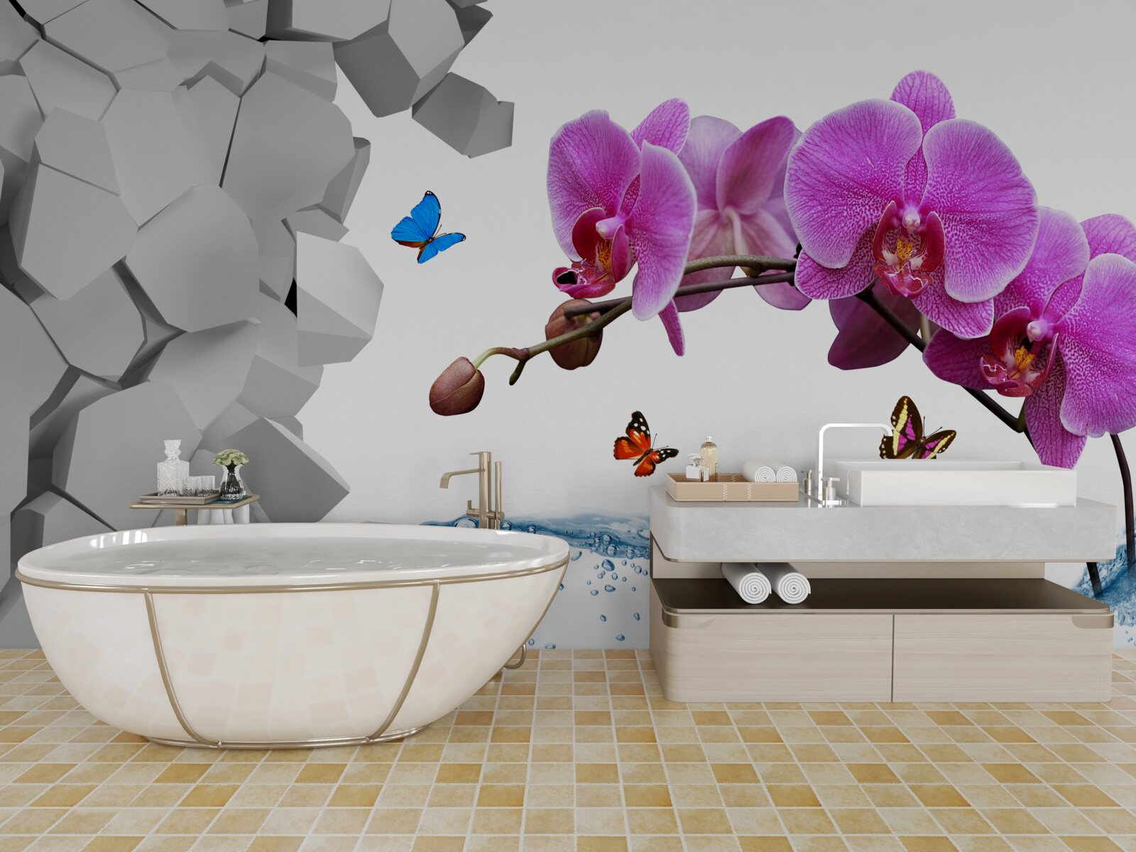 Fototapeta fialová orchidea a motýle na konári