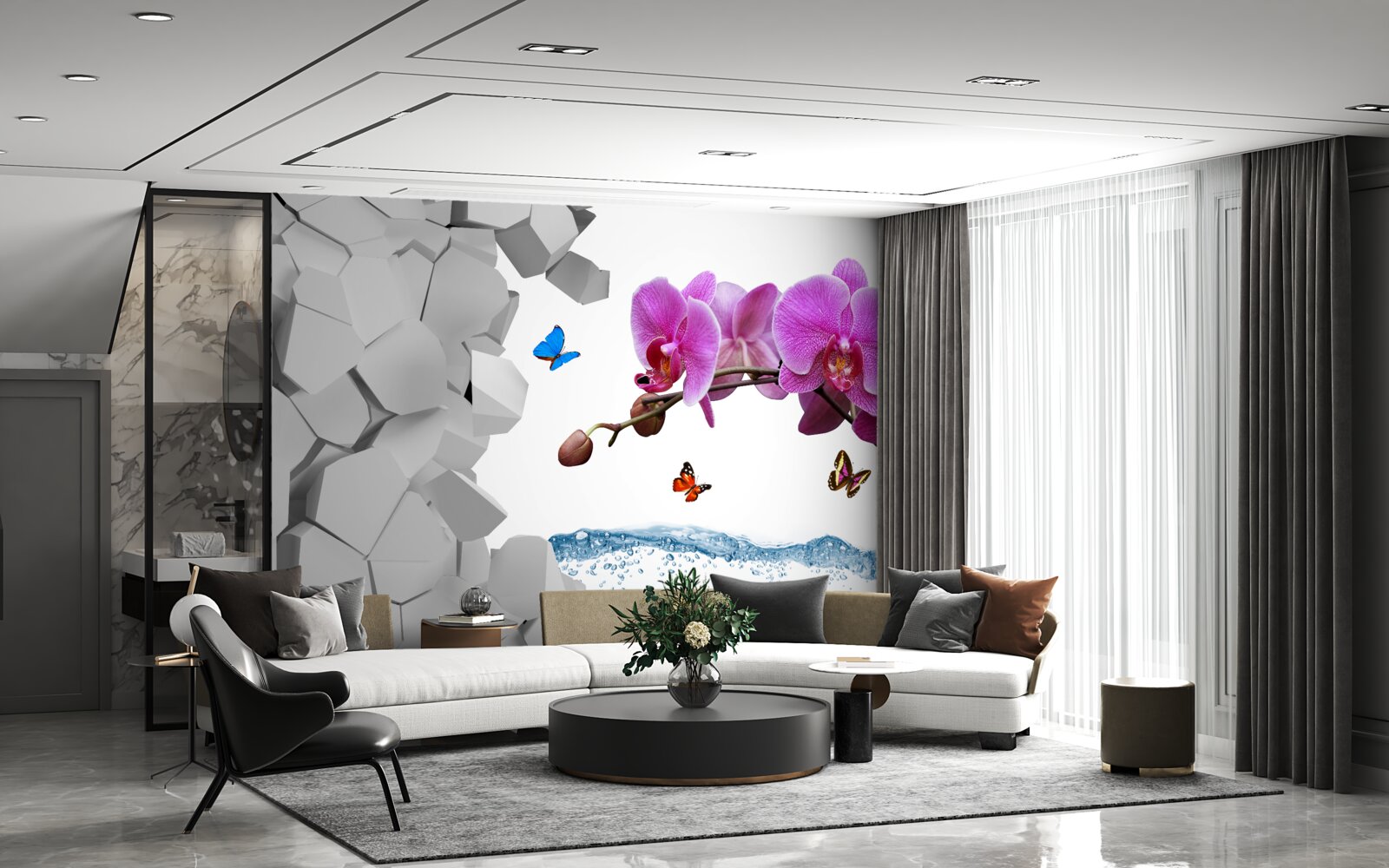 Fototapeta fialová orchidea a motýle na konári