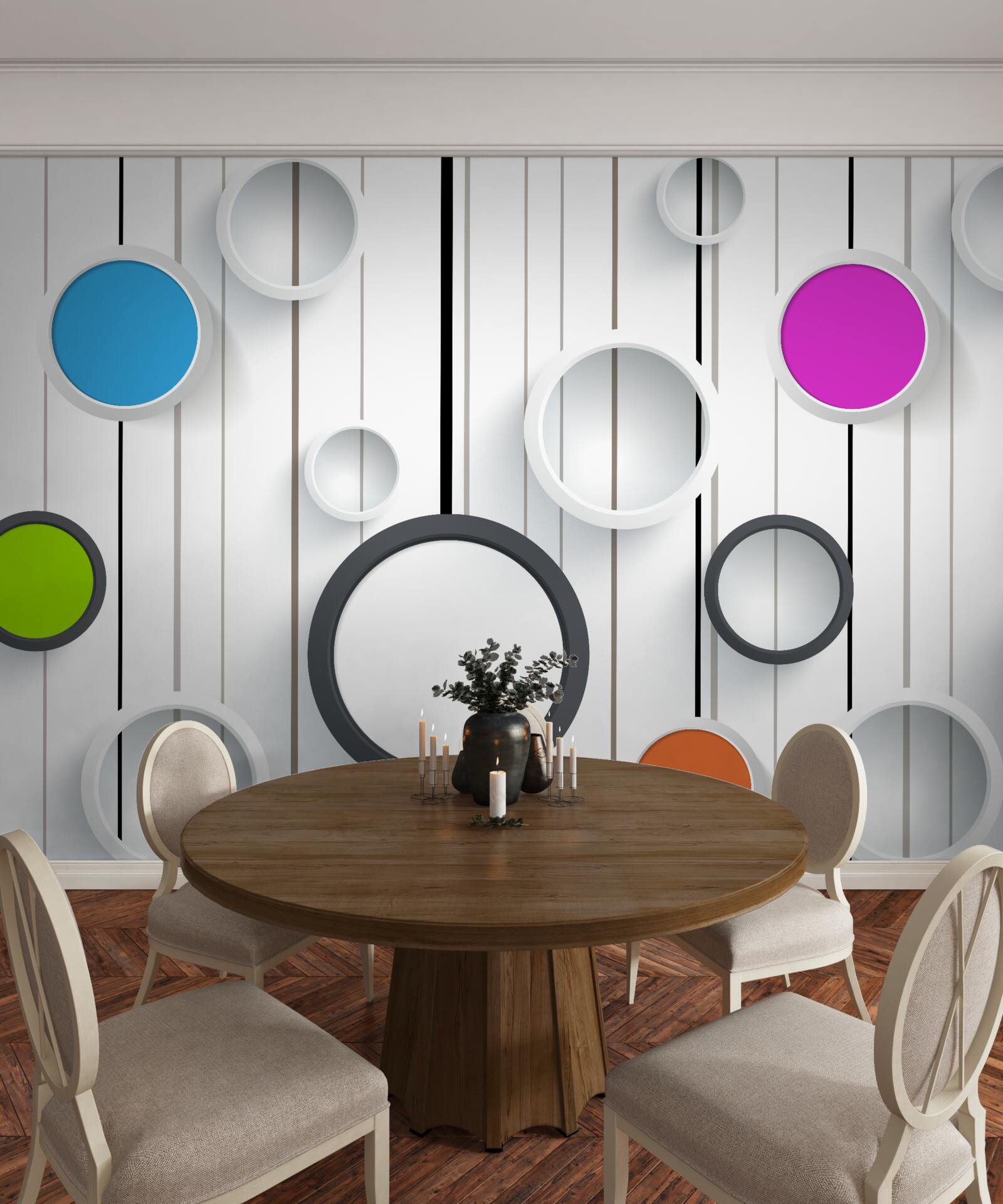 Fototapeta viacfarebné kruhy na svetlej parketovej podlahe