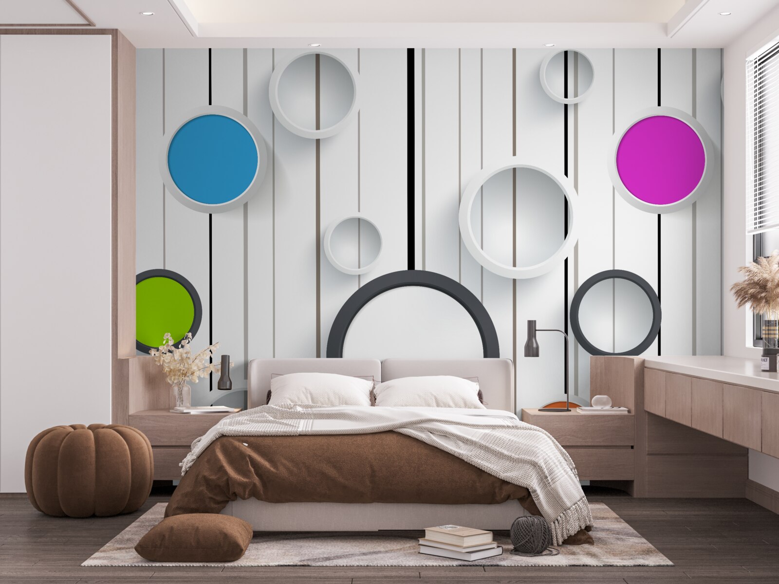 Fototapeta viacfarebné kruhy na svetlej parketovej podlahe