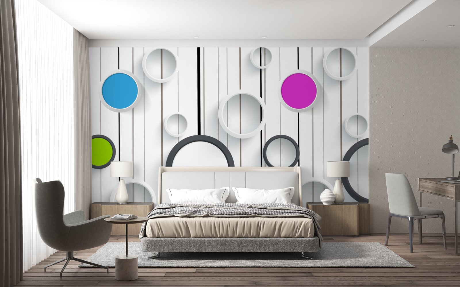 Fototapeta viacfarebné kruhy na svetlej parketovej podlahe