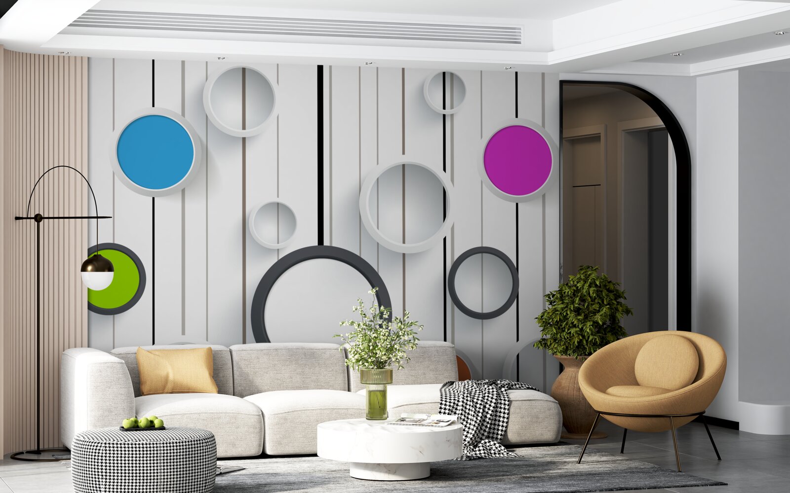 Fototapeta viacfarebné kruhy na svetlej parketovej podlahe