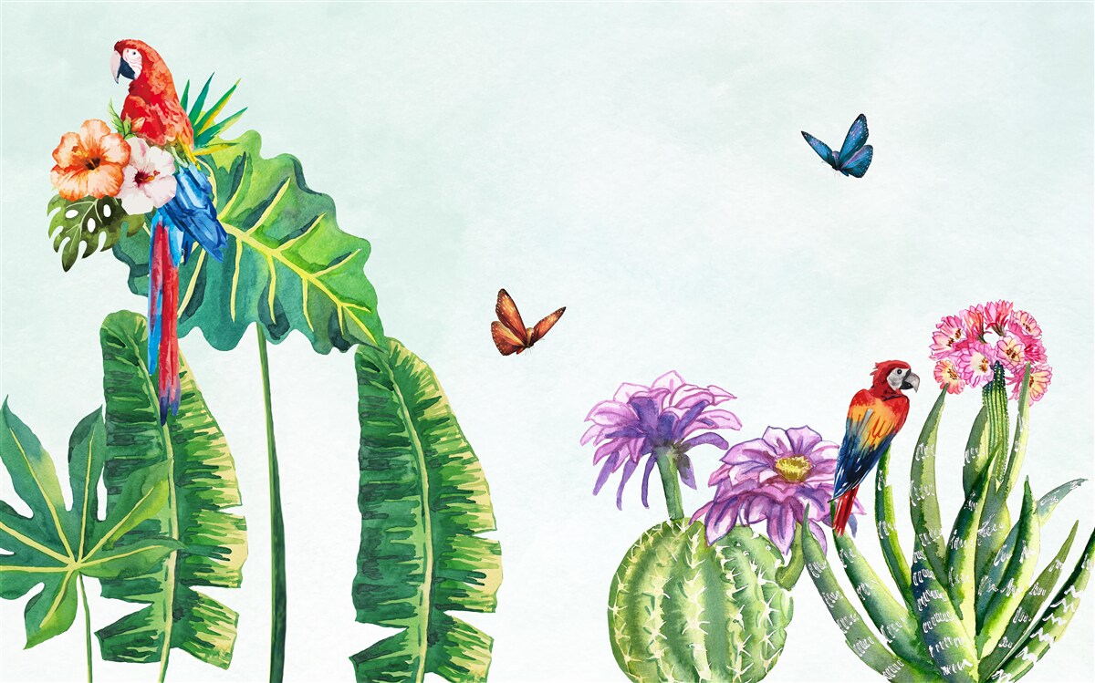 Fototapeta Medzi zeleňou sa objavujú farebné papagáje a motýle