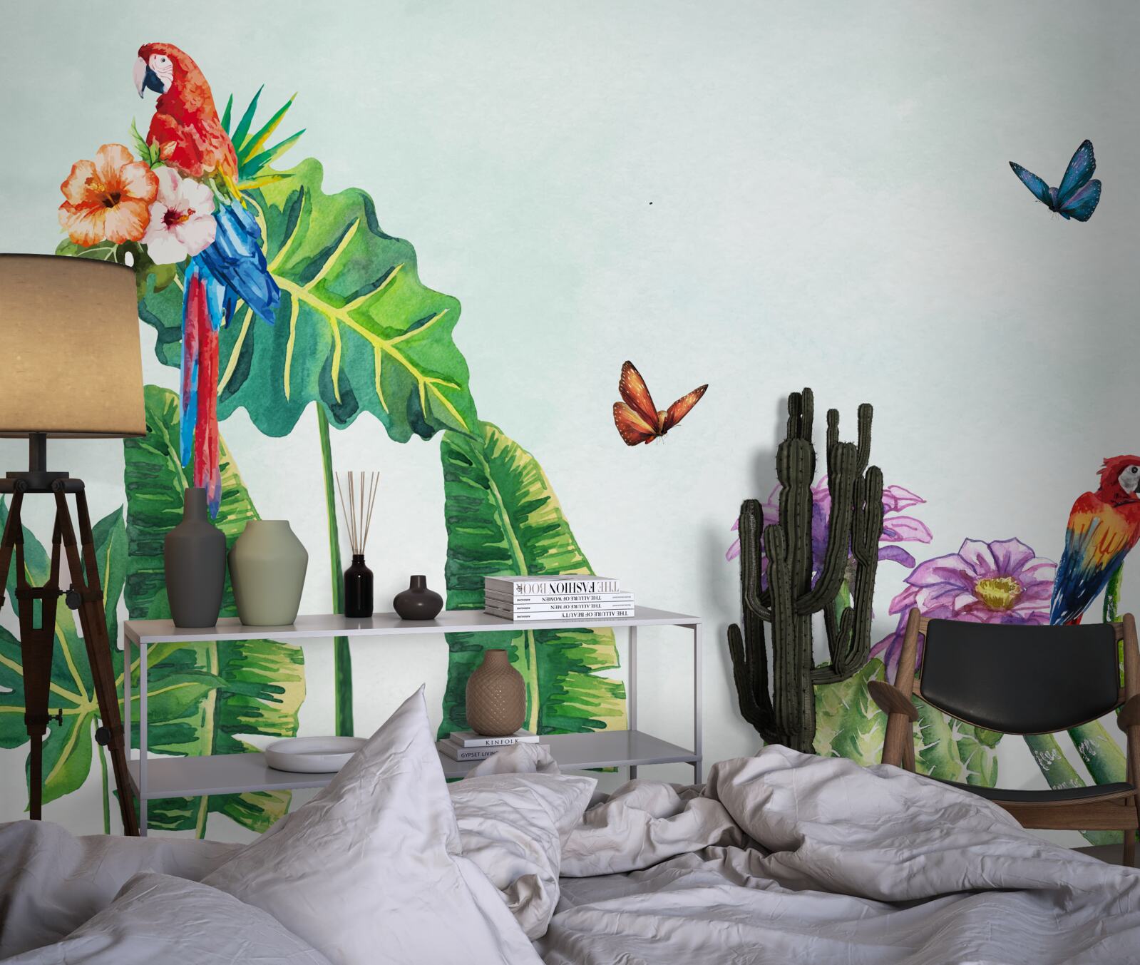 Fototapeta Medzi zeleňou sa objavujú farebné papagáje a motýle