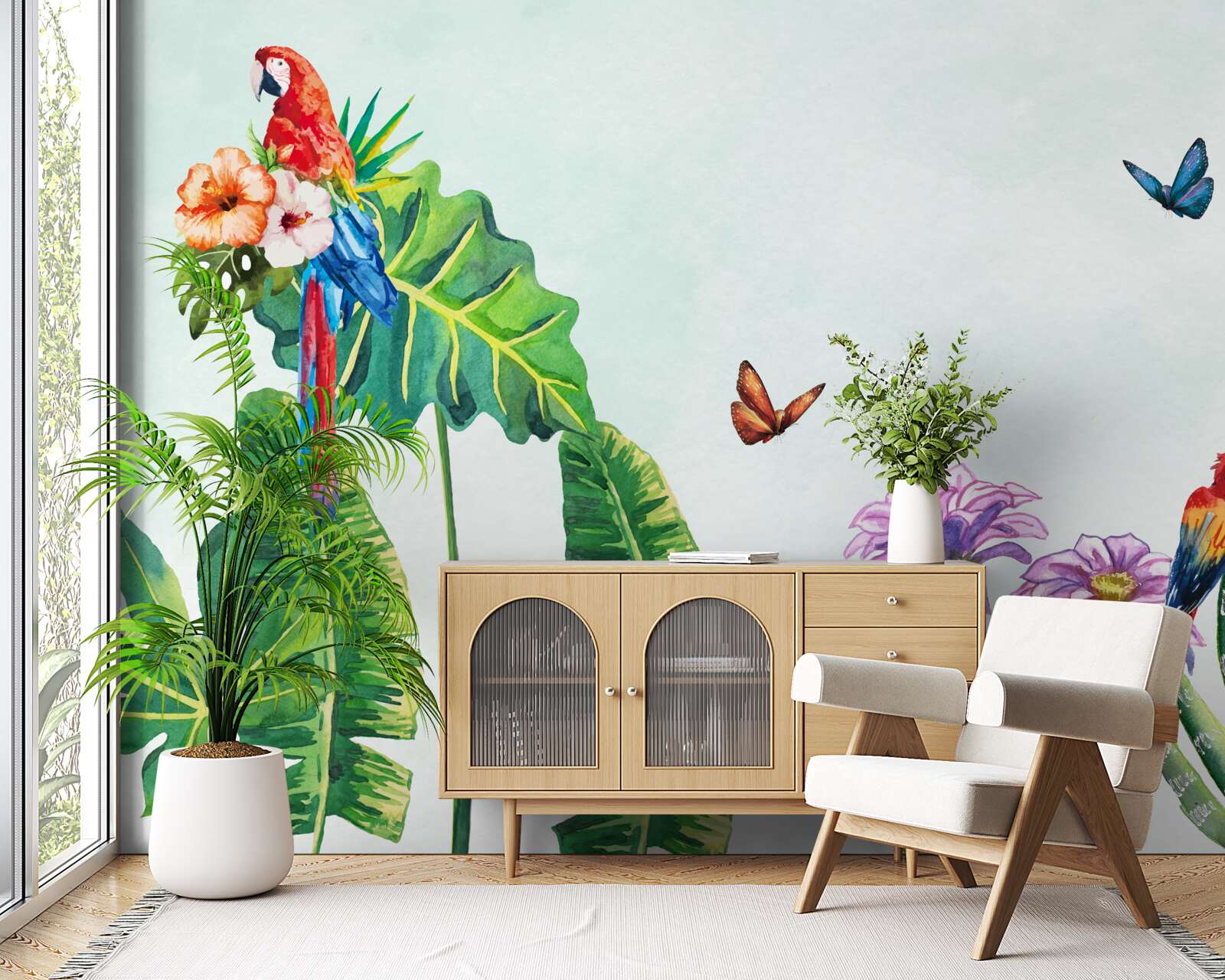 Fototapeta Medzi zeleňou sa objavujú farebné papagáje a motýle