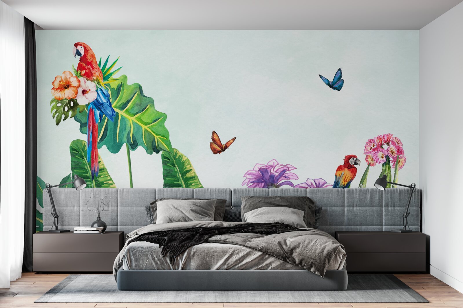 Fototapeta Medzi zeleňou sa objavujú farebné papagáje a motýle