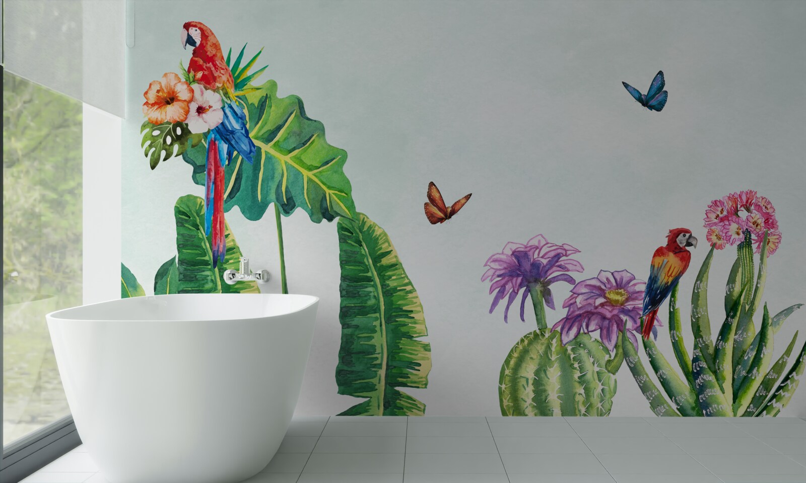 Fototapeta Medzi zeleňou sa objavujú farebné papagáje a motýle