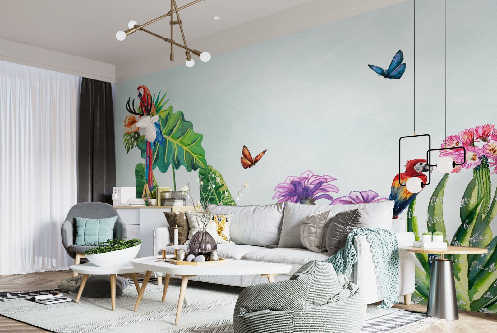 Fototapeta Medzi zeleňou sa objavujú farebné papagáje a motýle