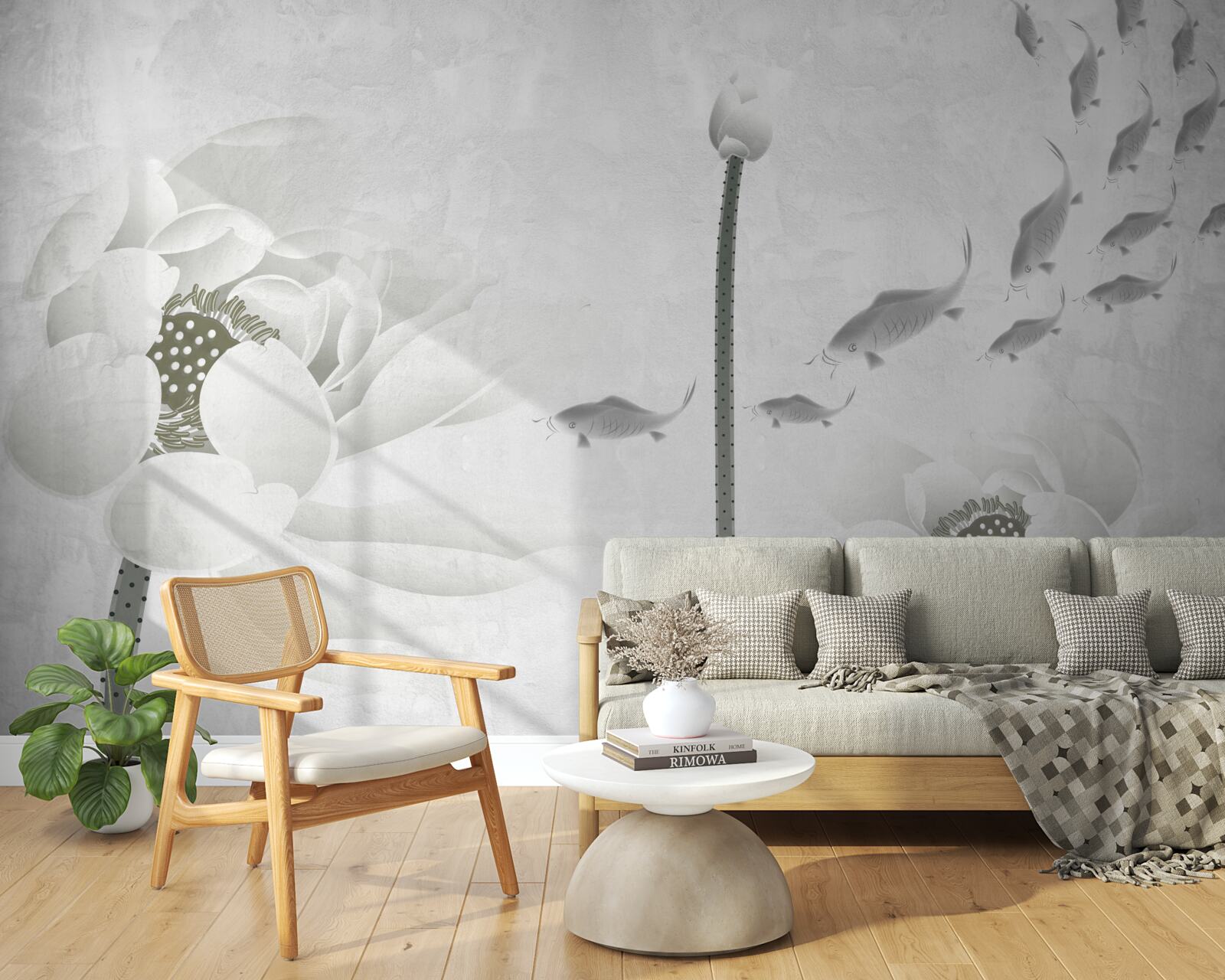 Fototapeta biele kvety sledujú, ako okolo nich plávajú ryby