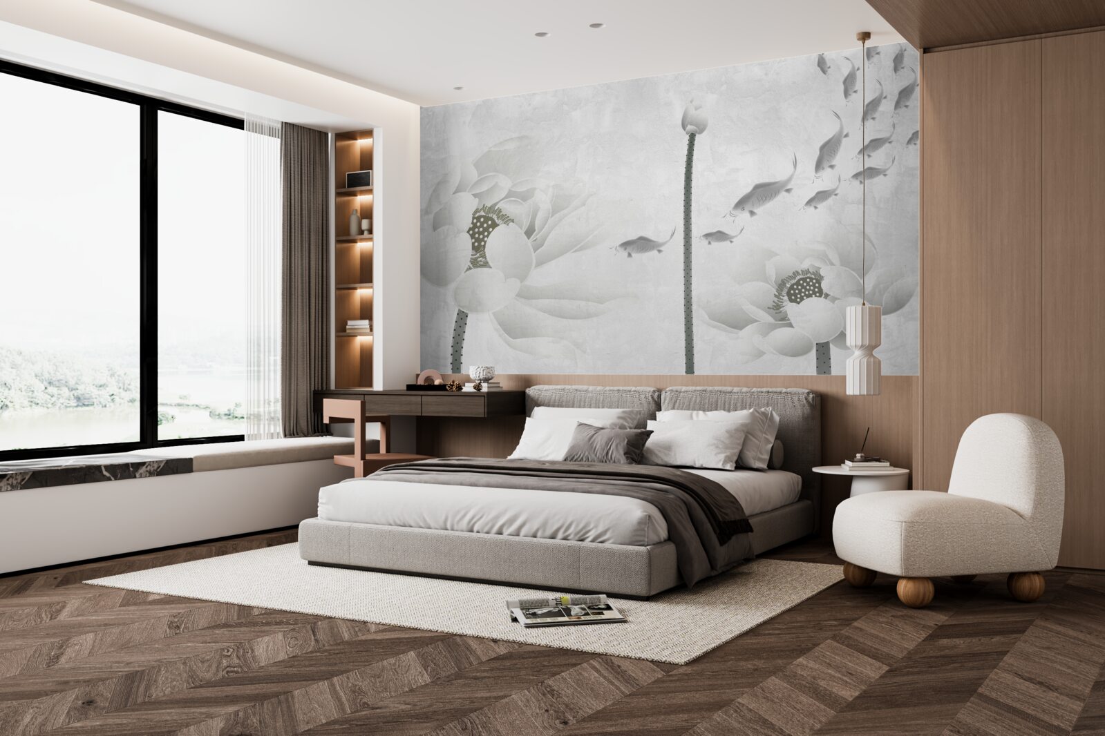 Fototapeta biele kvety sledujú, ako okolo nich plávajú ryby