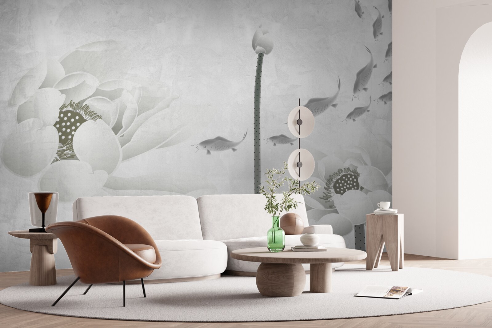 Fototapeta biele kvety sledujú, ako okolo nich plávajú ryby