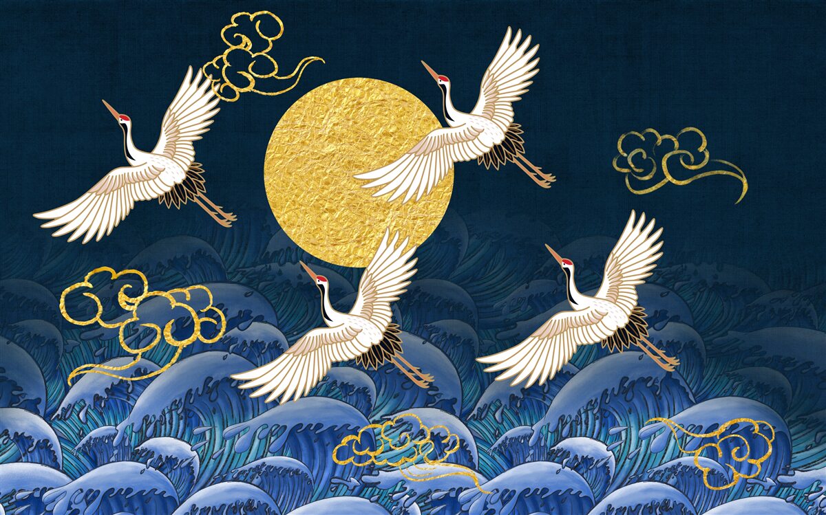 Fototapeta skupina žeriavov smeruje k ich domovu