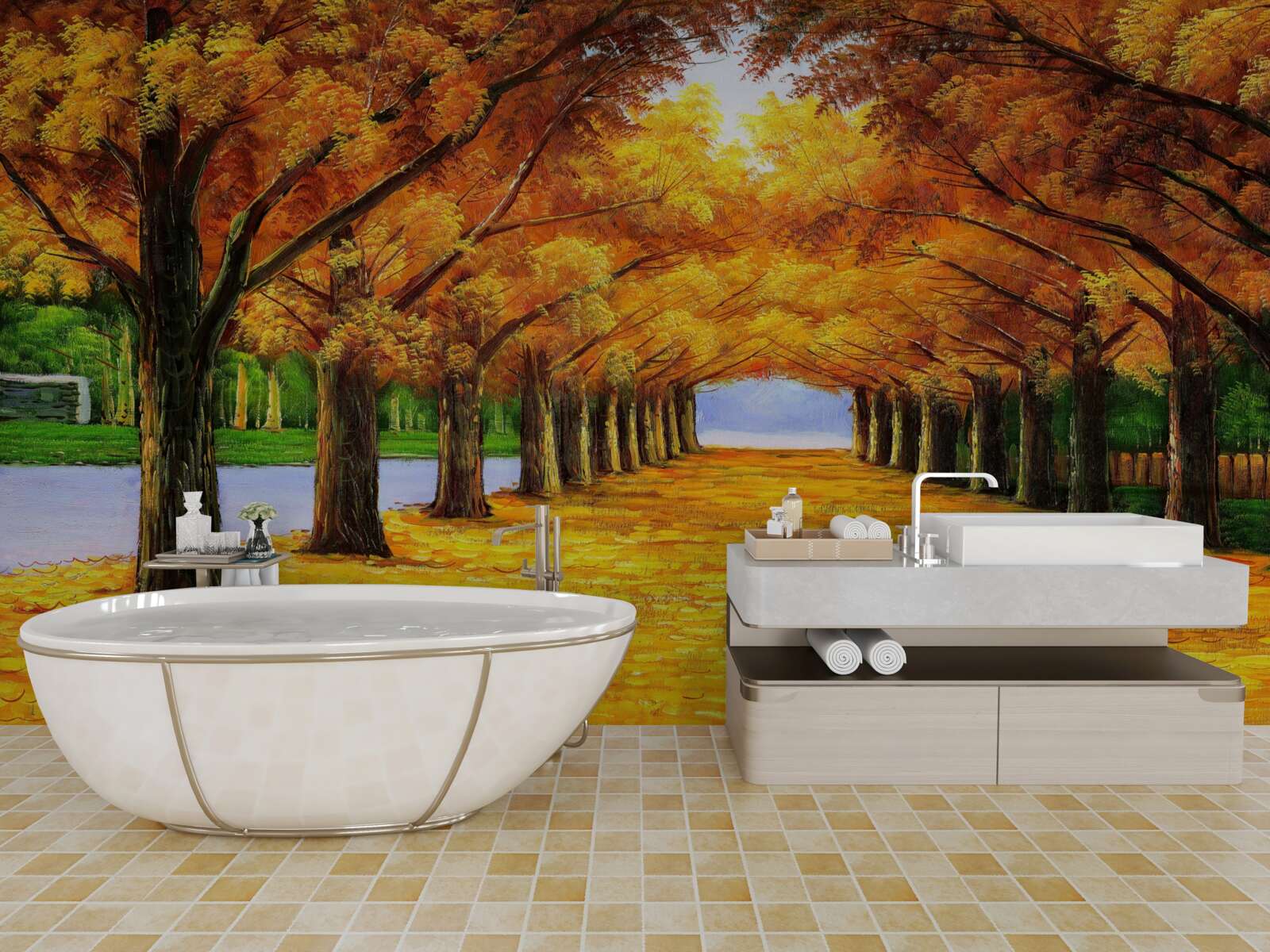 Fototapeta jesenné obdobie v parku so stromami pokrytými listami