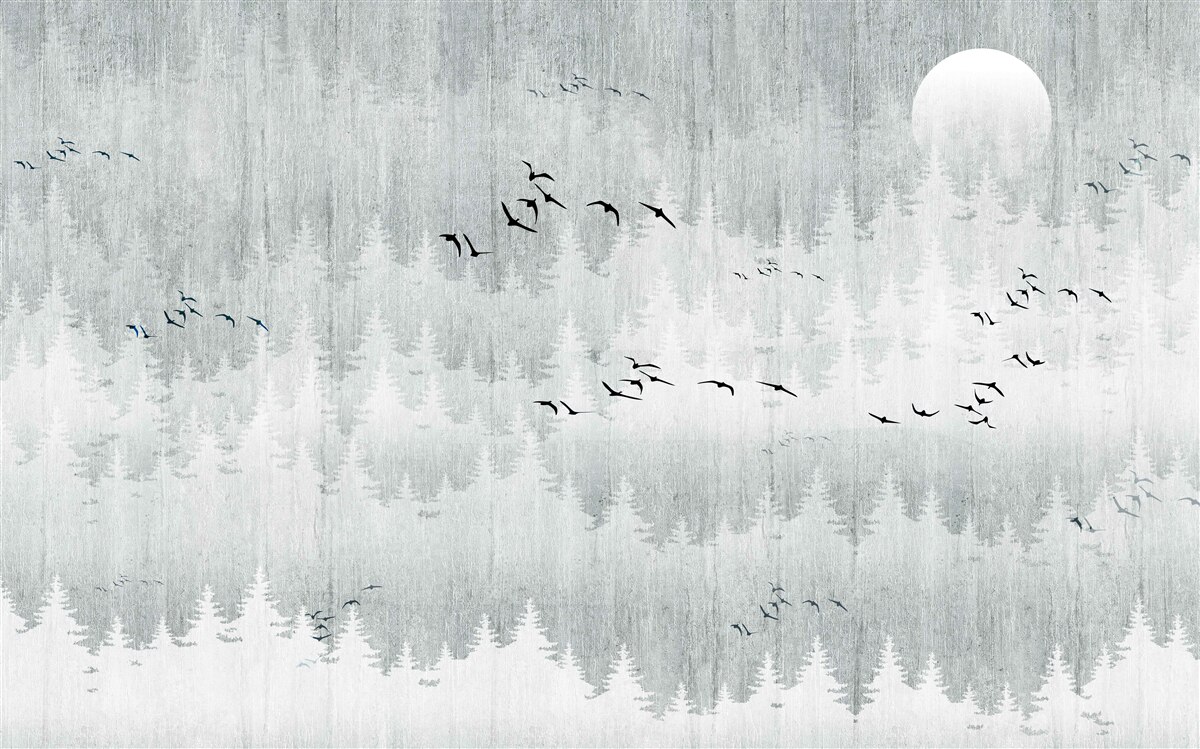 Fototapeta vtáky lietajú nad lesom pokrytým hmlou
