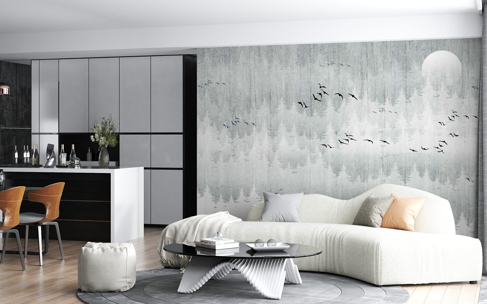 Fototapeta vtáky lietajú nad lesom pokrytým hmlou