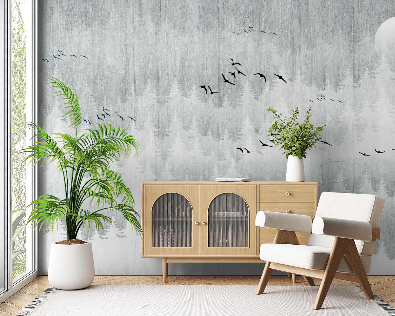 Fototapeta vtáky lietajú nad lesom pokrytým hmlou