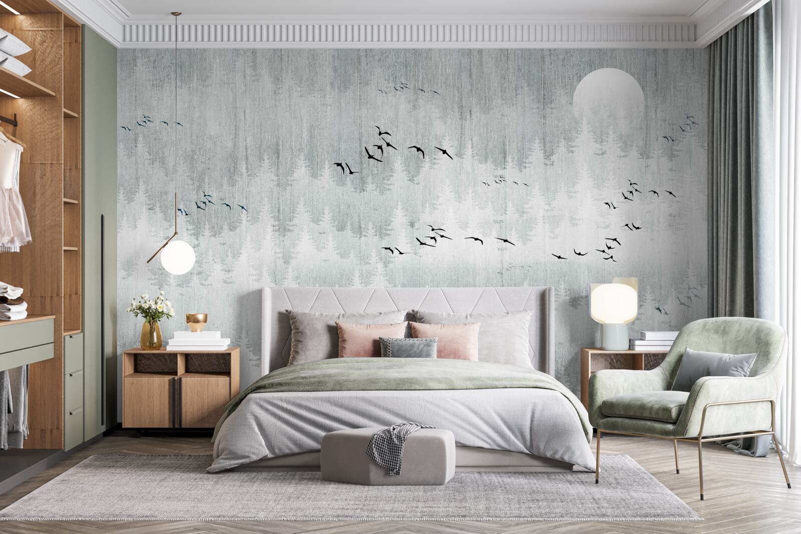 Fototapeta vtáky lietajú nad lesom pokrytým hmlou