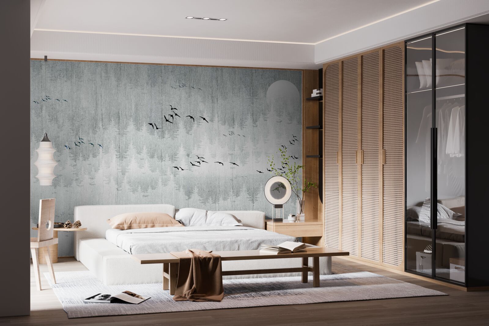 Fototapeta vtáky lietajú nad lesom pokrytým hmlou