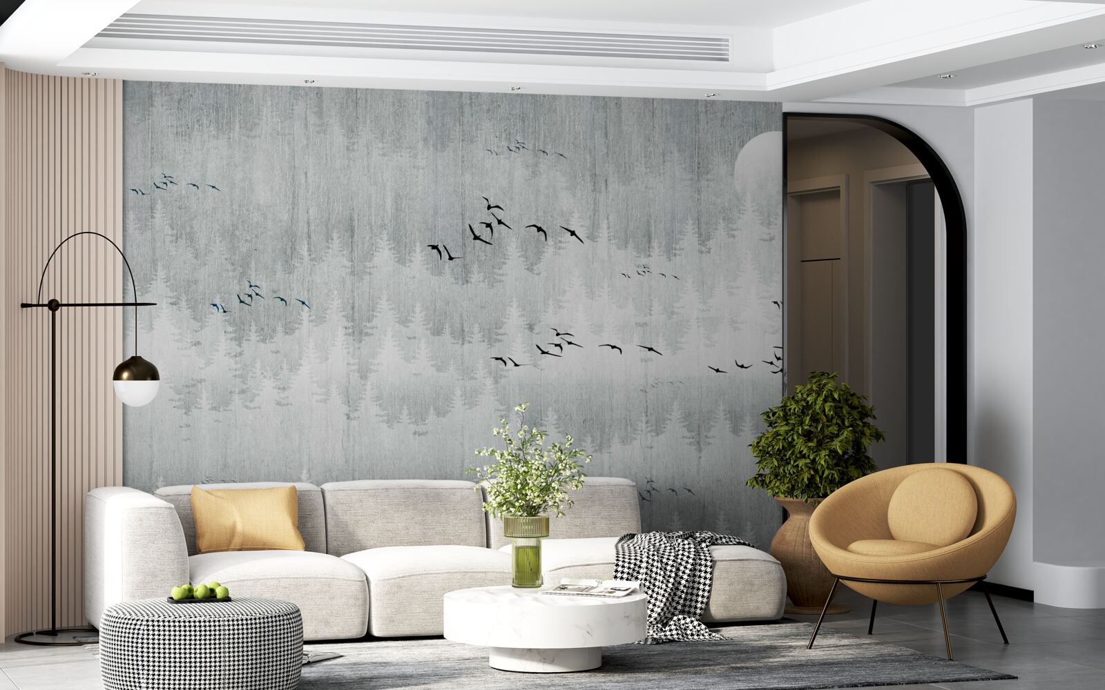 Fototapeta vtáky lietajú nad lesom pokrytým hmlou