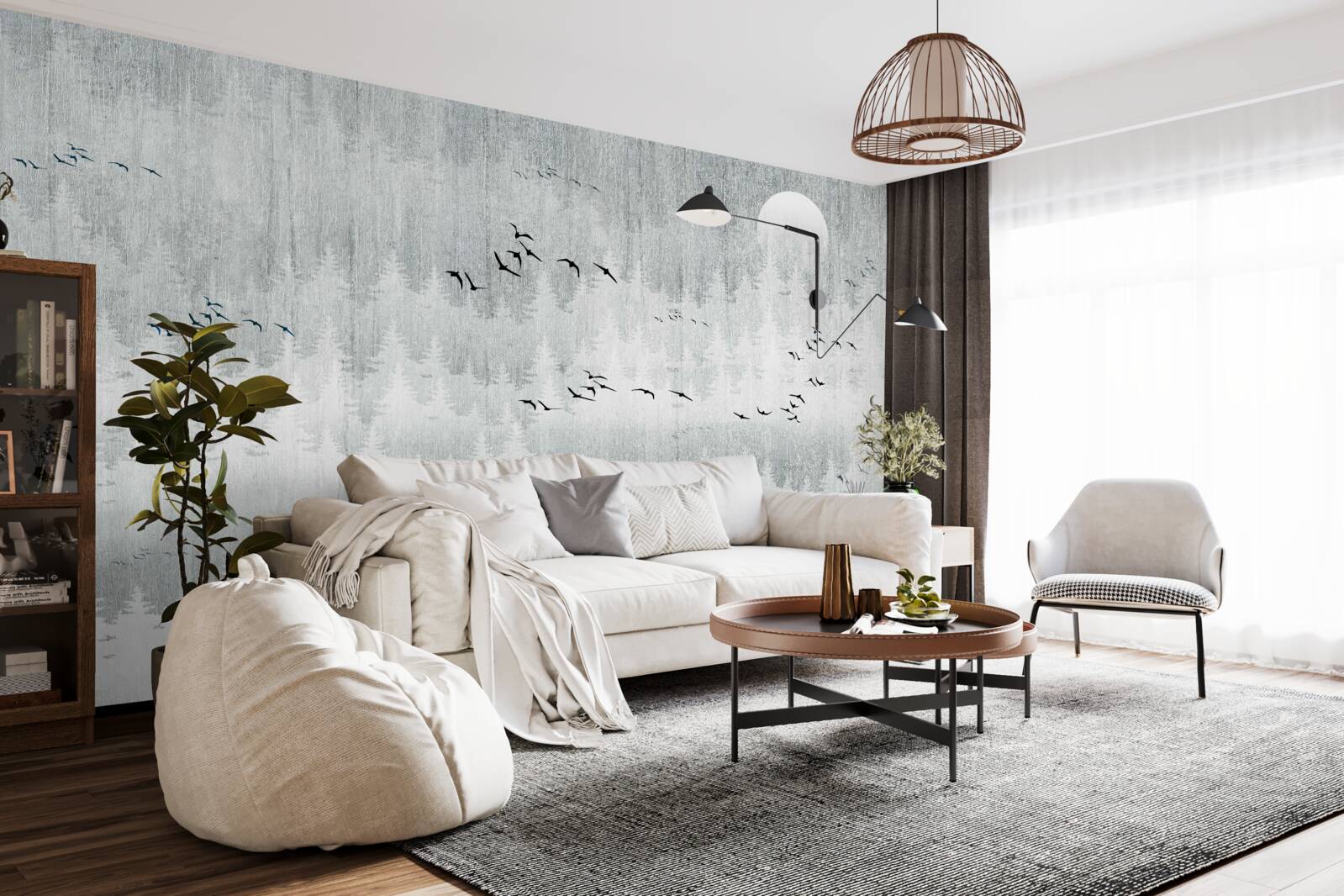 Fototapeta vtáky lietajú nad lesom pokrytým hmlou